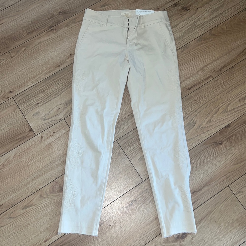 NWT Loft Flower Embroidered Cream Chino Pants